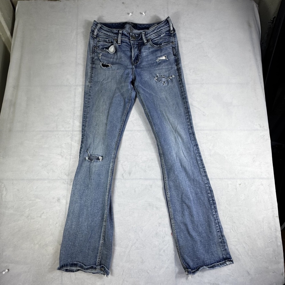Silver Jeans Co Womens Avery‎ Slim Bootcut Jeans Blue Denim Distressed W28/L31